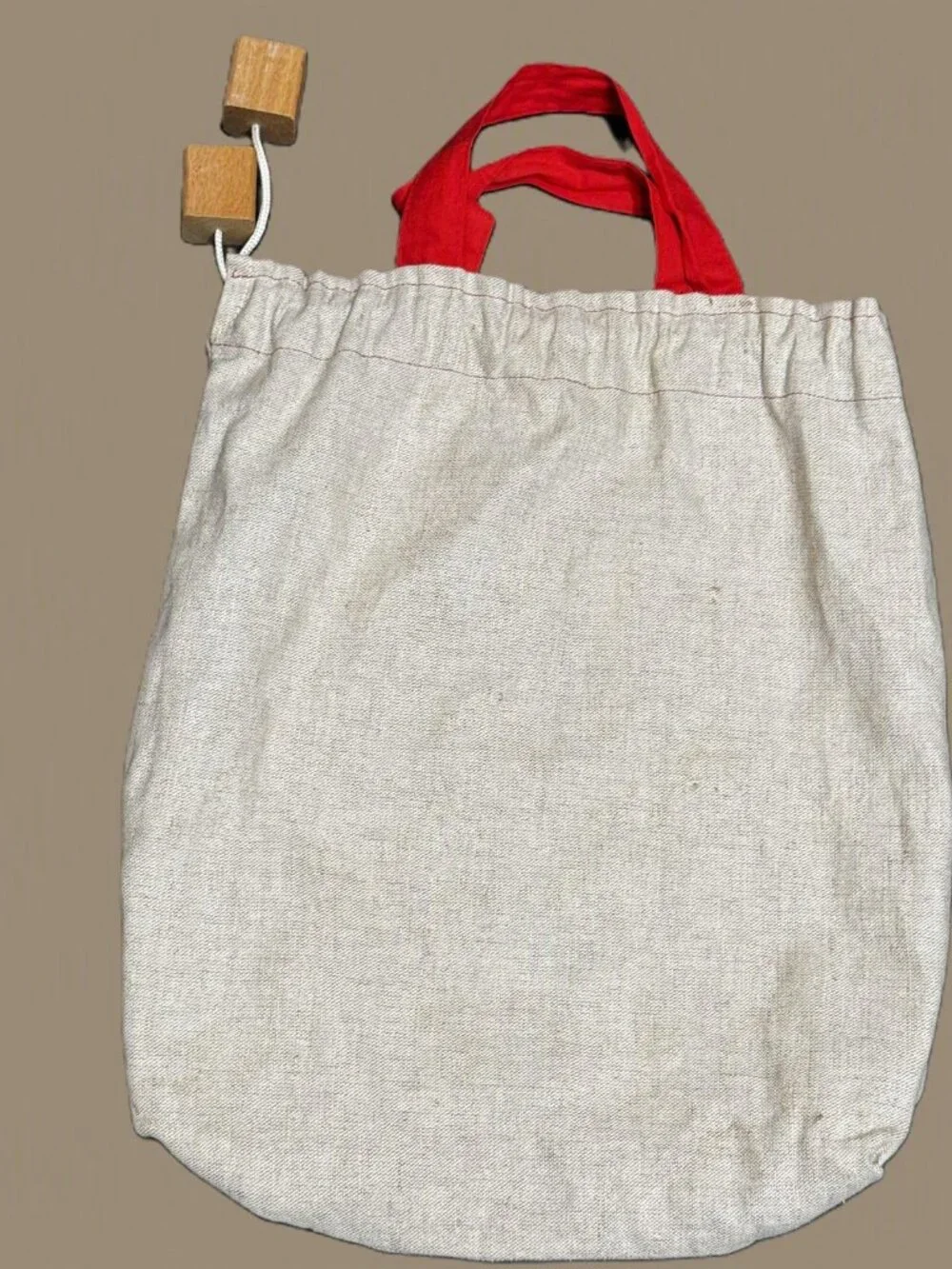 Double Handle Pouch Bag with Wood Block Aglet Drawcord, Natural Canvas